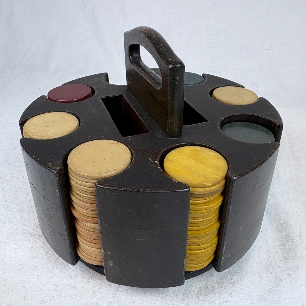 Vtg Wood Carousel Poker Chip Carrier Caddy w/ 230 Clay Chips Lazy Susan 2 Decks - Picture 10 of 16